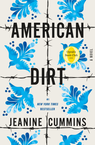 Image depicts the cover of American Dirt by Jeanine Cummins. An artistic representation of white tiles with painted blue birds. Or it could be a grid made of barbed wire looking at a sky.