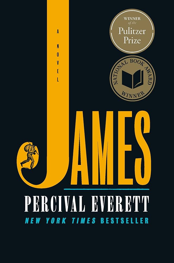 Image depicts the cover of James by Percival Everett. The name James, in yellow, is shown against a black background. An image of a slave can be seen in the curve of the J.