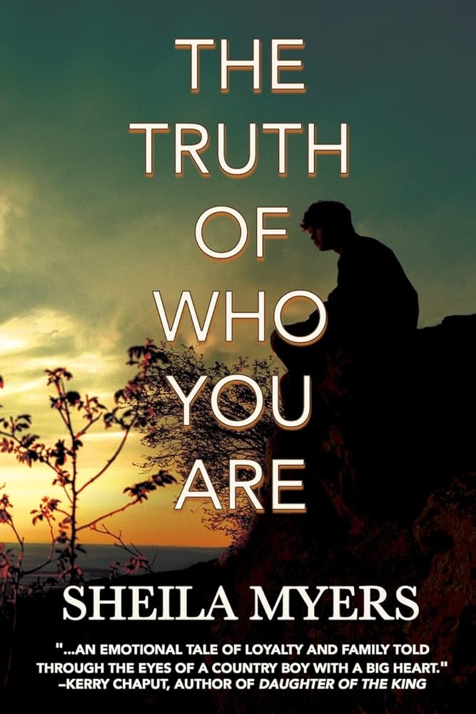 Image depicts the cover of The Truth of Who You Are by Sheila Myers. The silhouette of a man sits on a ledge at twilight.